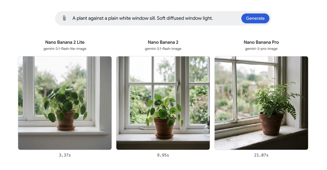 Official Google side-by-side comparison of Nano Banana 2 Lite generation speed and image quality